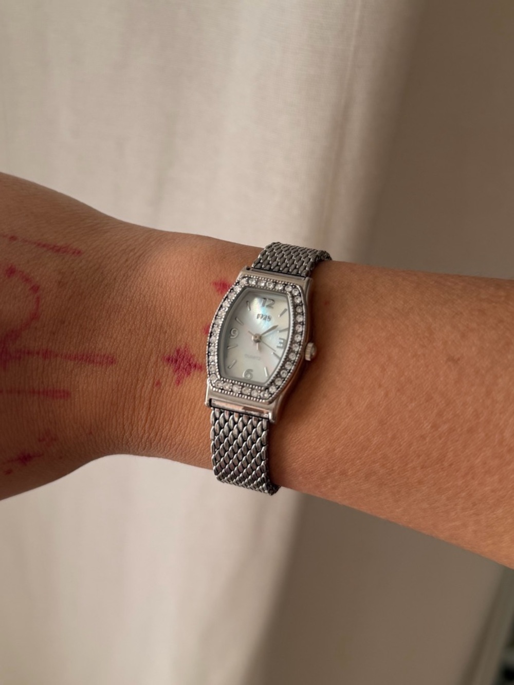 1928 Silver Tonneau Mesh Bracelet Watch with Crystal Accents